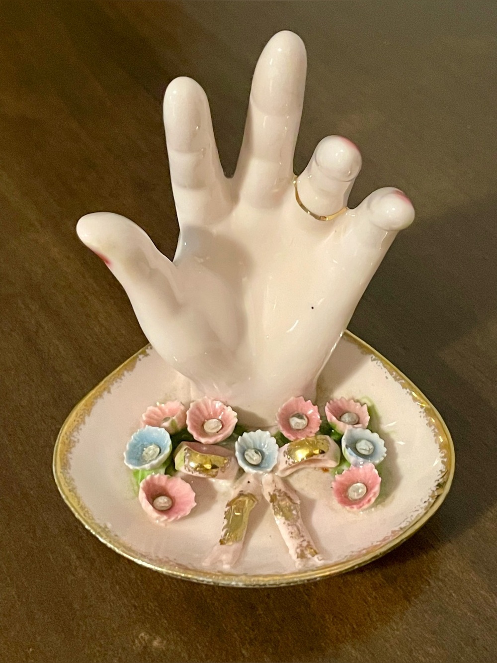Vintage Lefton China 90545 Pink Porcelain Hand Ring Holder Trunk Dish Flowers